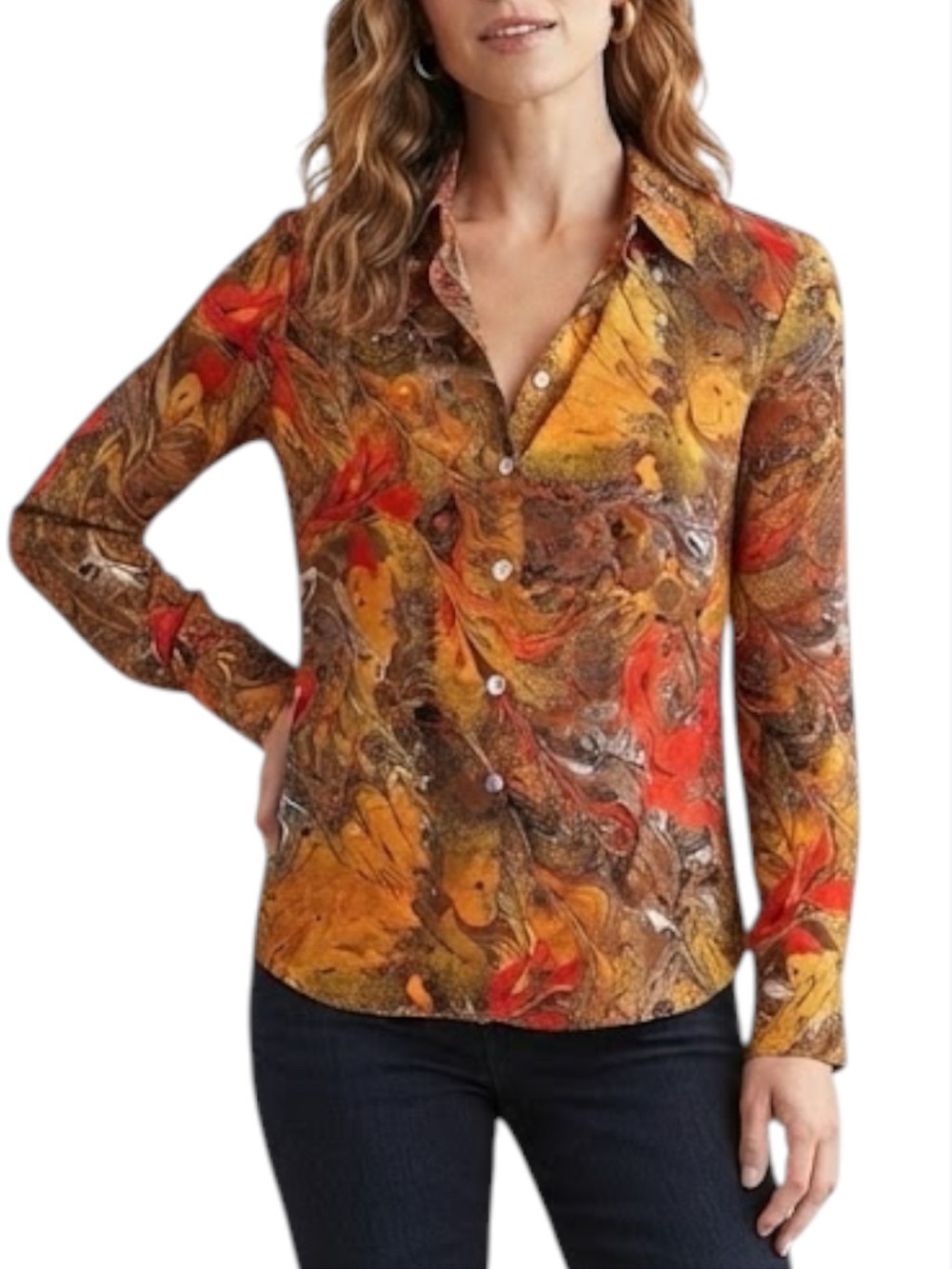 Ilyse Hart Ltd Vintage Brown Orange Red Button Down Blouse Small S
